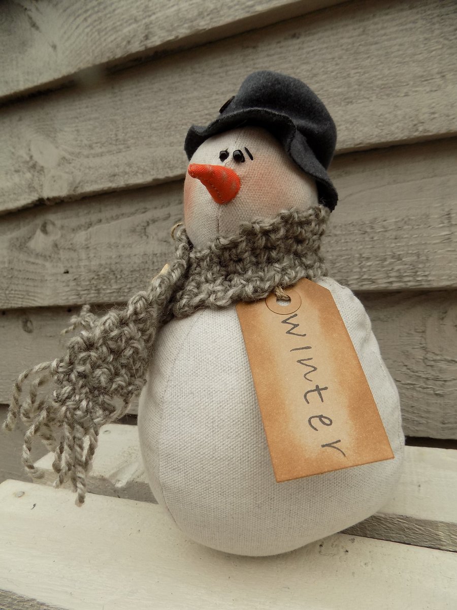 Handmade One of a Kind Primitive Snowman Decoration Free Standing