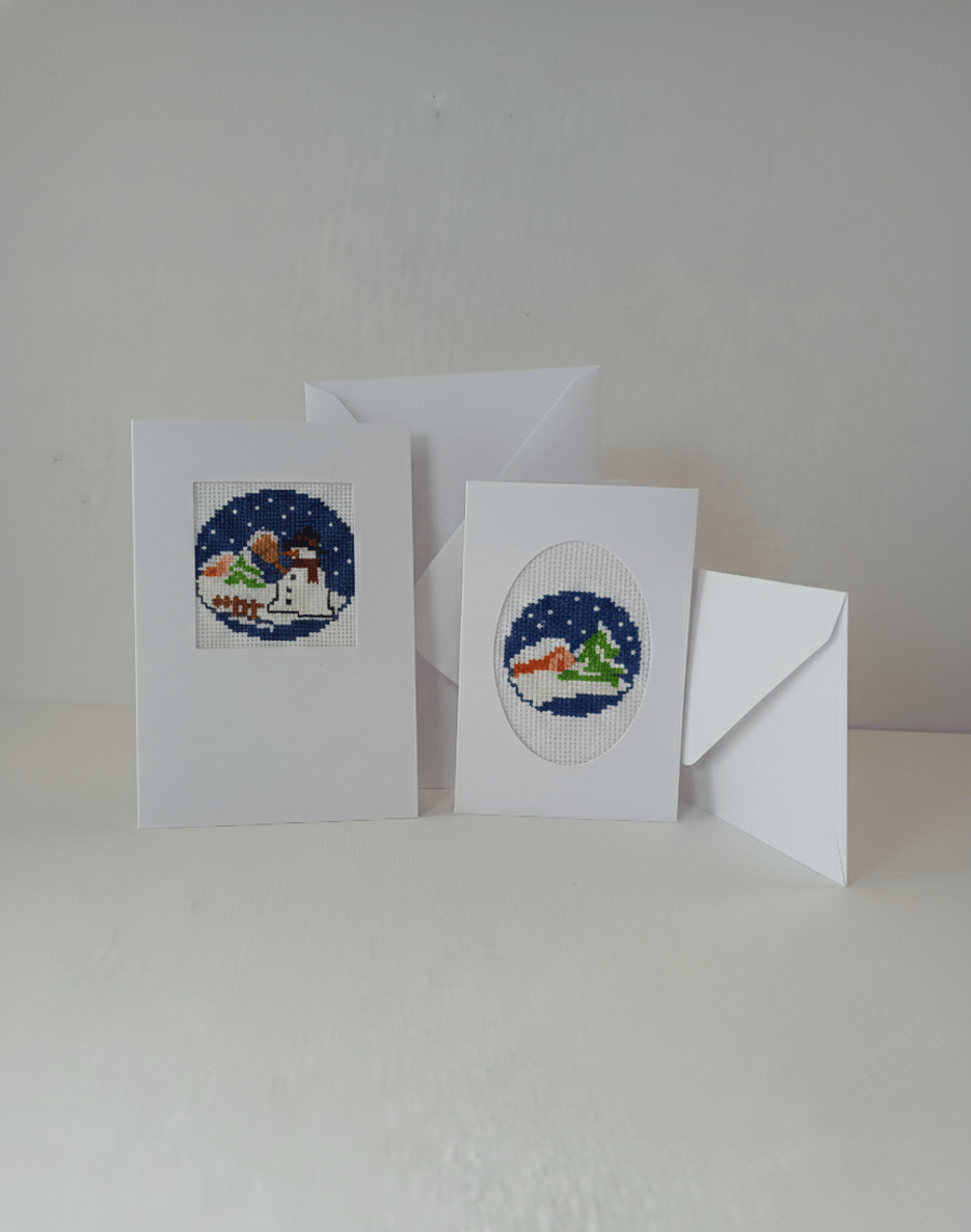 Set of 2 Cross Stitch Christmas Cards, Snowman and Winter Scene