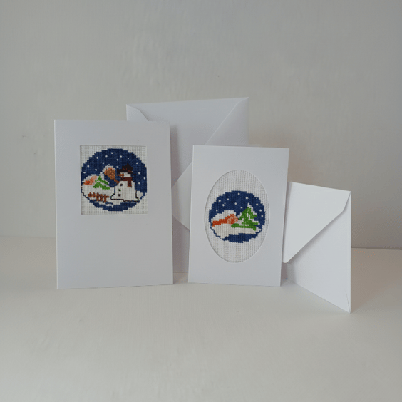 Set of 2 Cross Stitch Christmas Cards, Snowman and Winter Scene