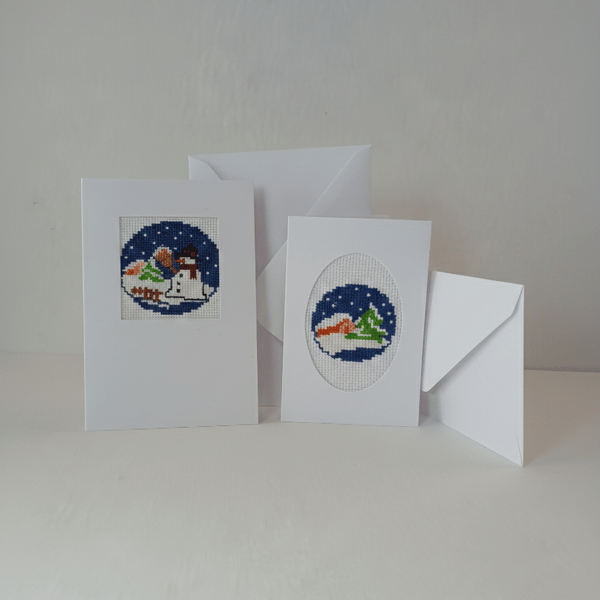Set of 2 Cross Stitch Christmas Cards, Snowman and Winter Scene
