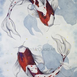 Koi Fish, Watercolour Koi, Watercolour Fish Painting, Koi, Fish, Pond, A4