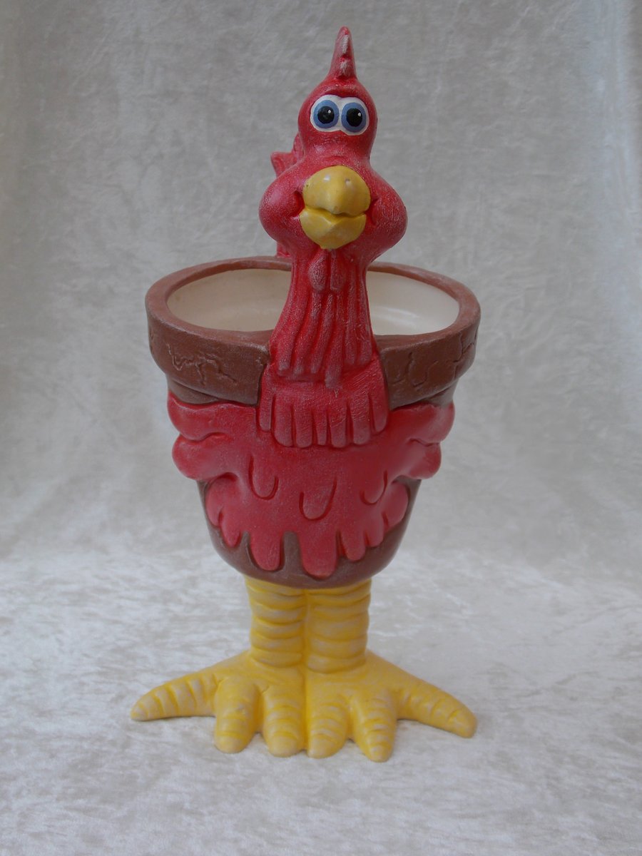 Ceramic Hand Painted Novelty Red Yellow Chicken Garden Flowers Herbs Plant Pot.