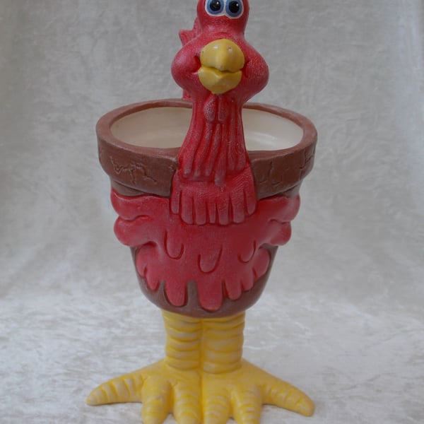 Ceramic Hand Painted Novelty Red Yellow Chicken Garden Flowers Herbs Plant Pot.