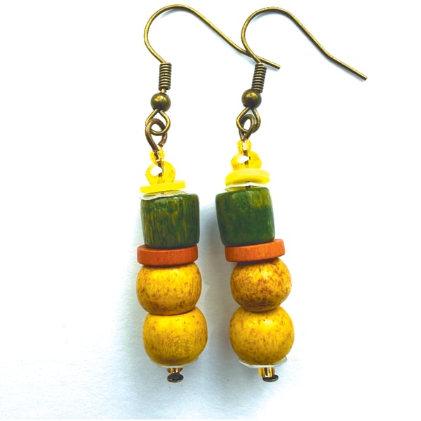 Yellow Orange And Green Beaded Boho Style Drop Earrings