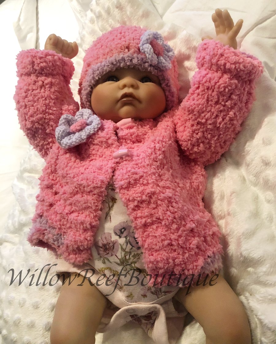 Handmade Knitted Fleece Baby Jacket & Matching Hat For Baby Girl Age 0-6m Pink