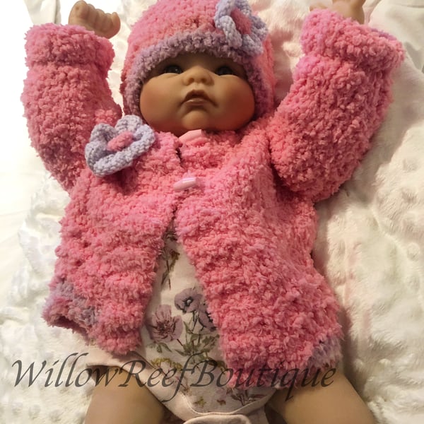 Handmade Knitted Fleece Baby Jacket & Matching Hat For Baby Girl Age 0-6m Pink