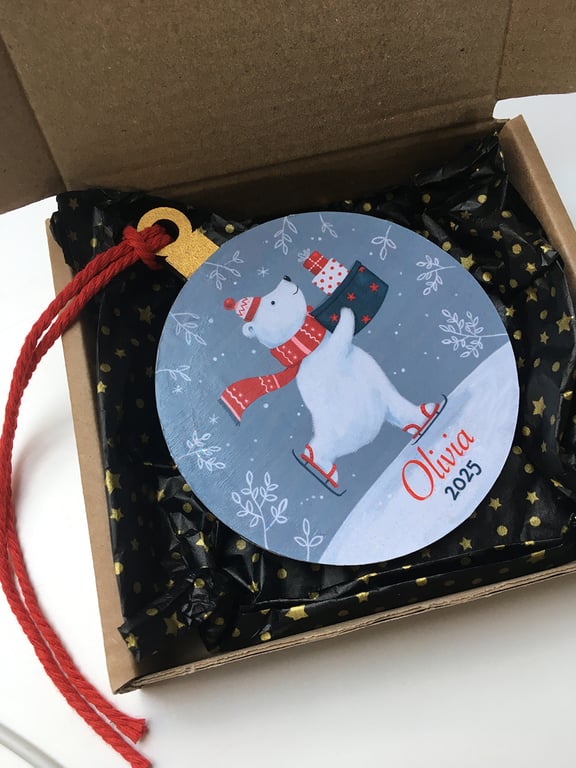 Personalised Name & Year Christmas Skating Polar Bear Hanging Ornament