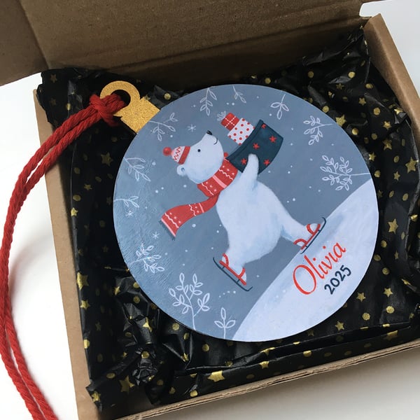 Personalised Name & Year Christmas Skating Polar Bear Hanging Ornament