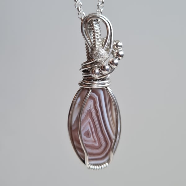 Handmade 925 Silver & Natural Pink Botswana Agate Necklace Pendant Gift Boxed 