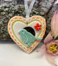 Small Ceramic bird in a heart decoration turquoise pottery bird
