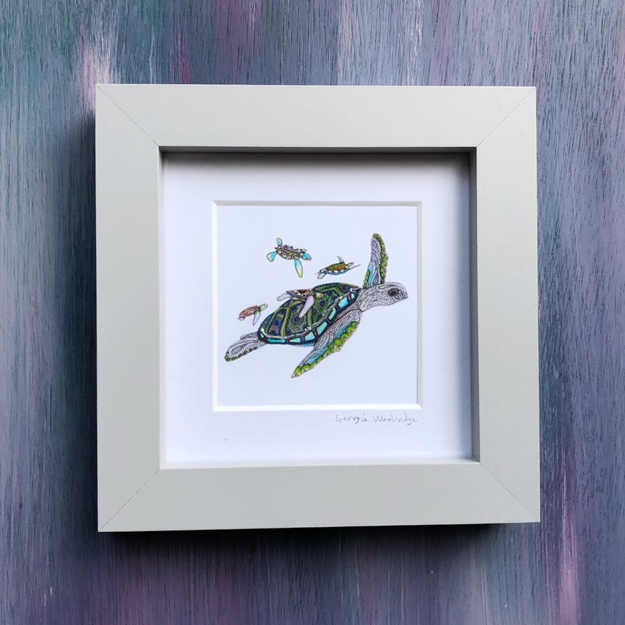 'Turtle Family' 5" x 5" Framed Print
