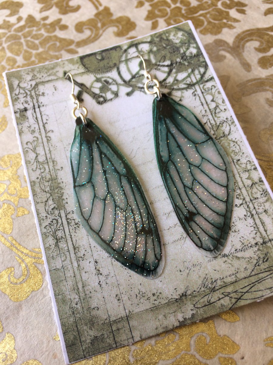 Dark Green and Silver Sparkle Sterling Silver Cicada Fairy Wing Earrings