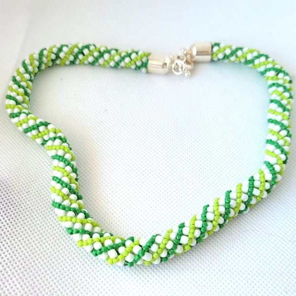 Green and white twisted rope seed bead necklace