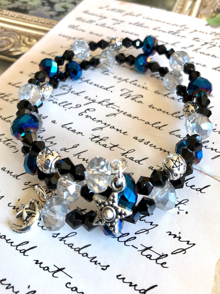 Blue Black and Silver Beaded Moon and Stars Wrap Bracelet