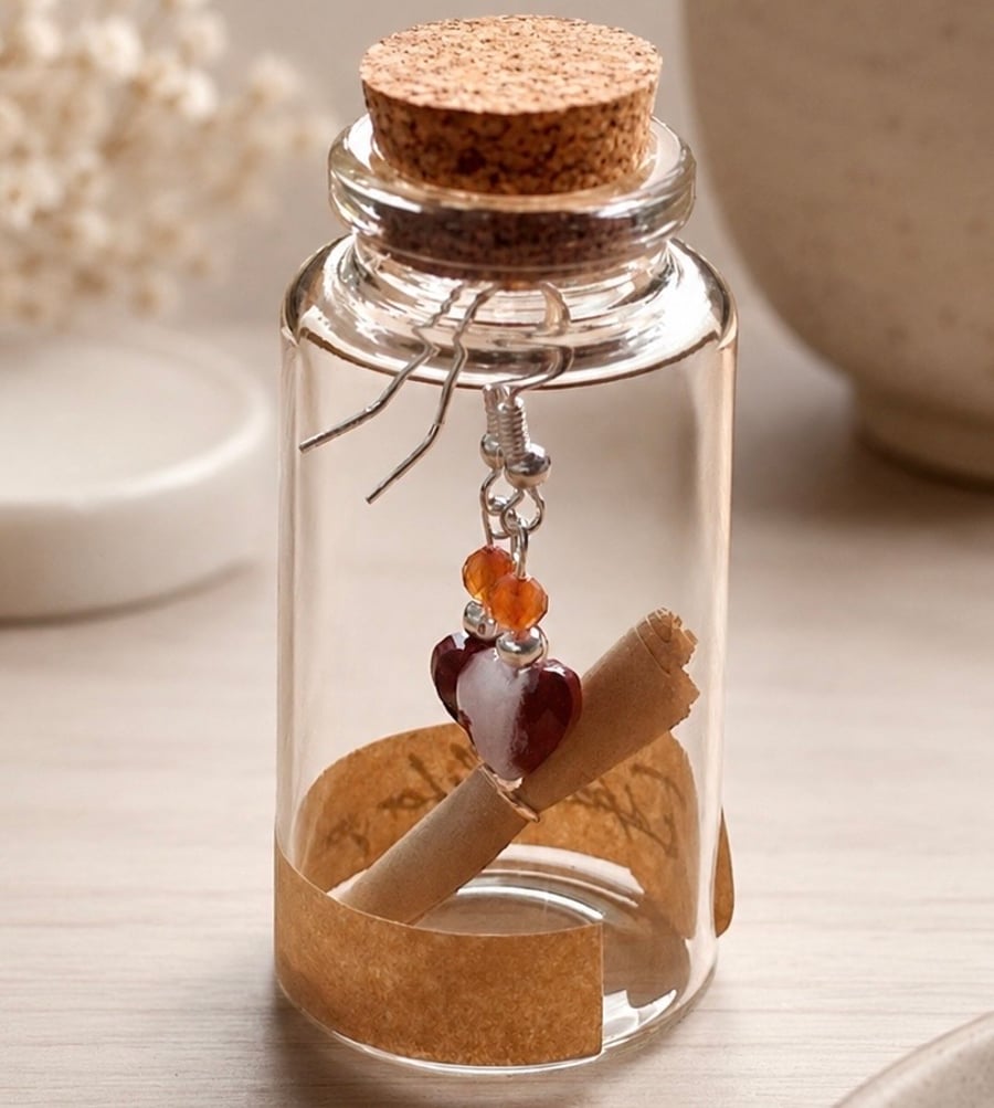 Red Jasper Hearts and Carnelian Earrings in a Message Bottle