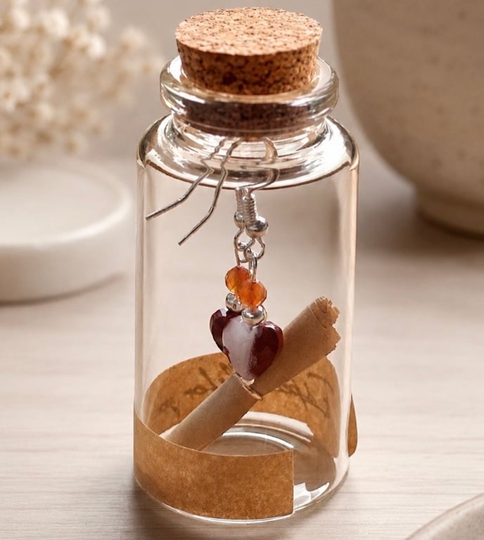 Red Jasper Hearts and Carnelian Earrings in a Message Bottle