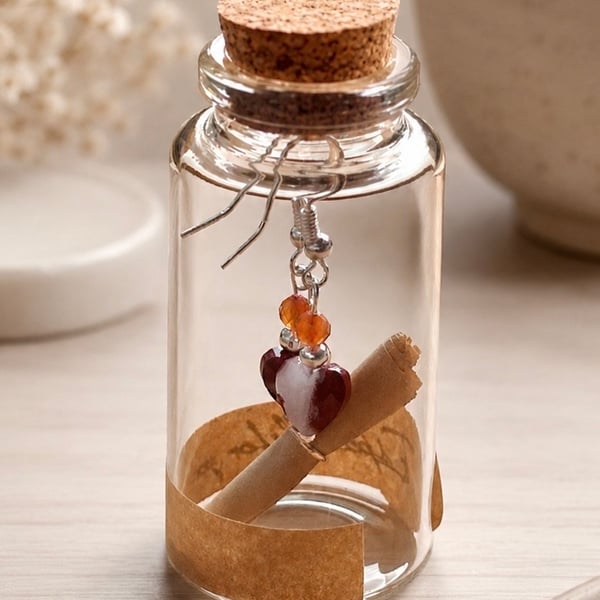 Red Jasper Hearts and Carnelian Earrings in a Message Bottle