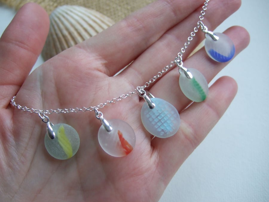 Japanese Sea Glass Ohajiki Marble Necklace Rainbow Beach Marbles18" Sterling 