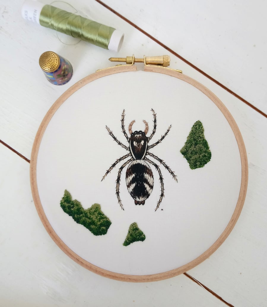 Hand Embroidered Silk Zebra Spider and Moss
