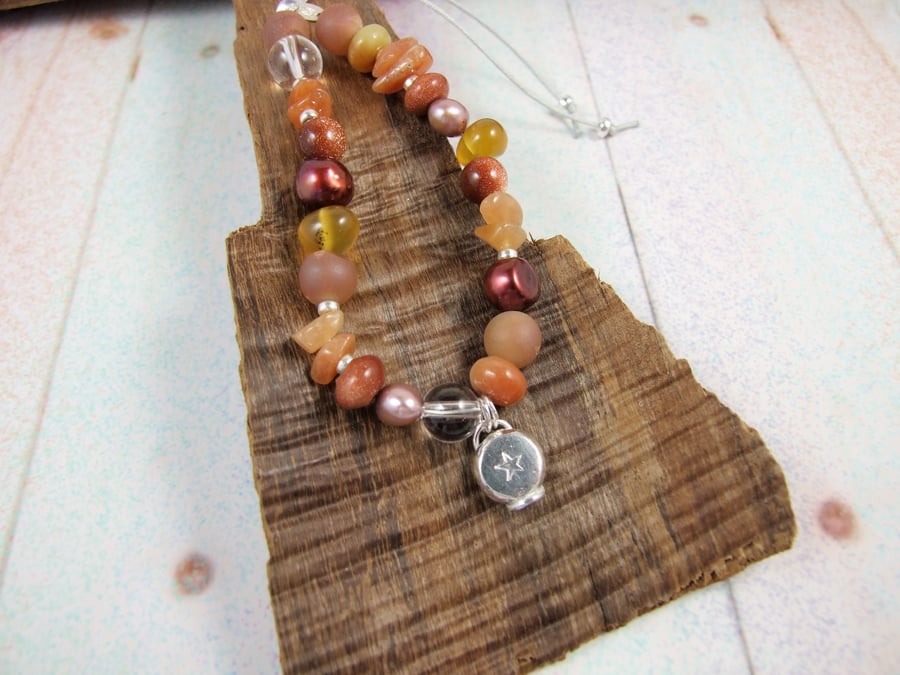 Mixed Gemstone Adjustable Fit Charm Bracelet, Autumn Tones with Sterling Silver