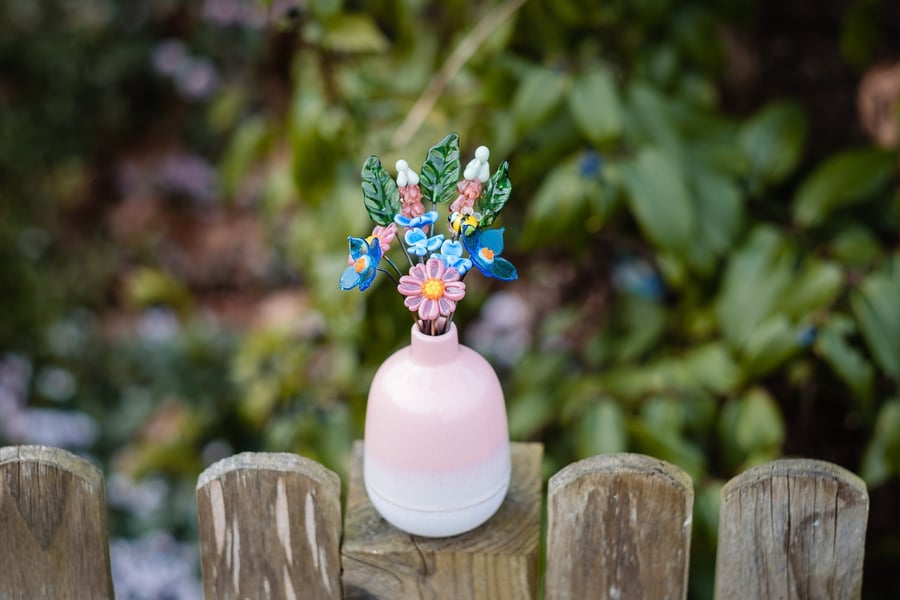 English Cottage Garden Bouquet in Beautiful Glossy Ceramic Vase - Glass Flower B
