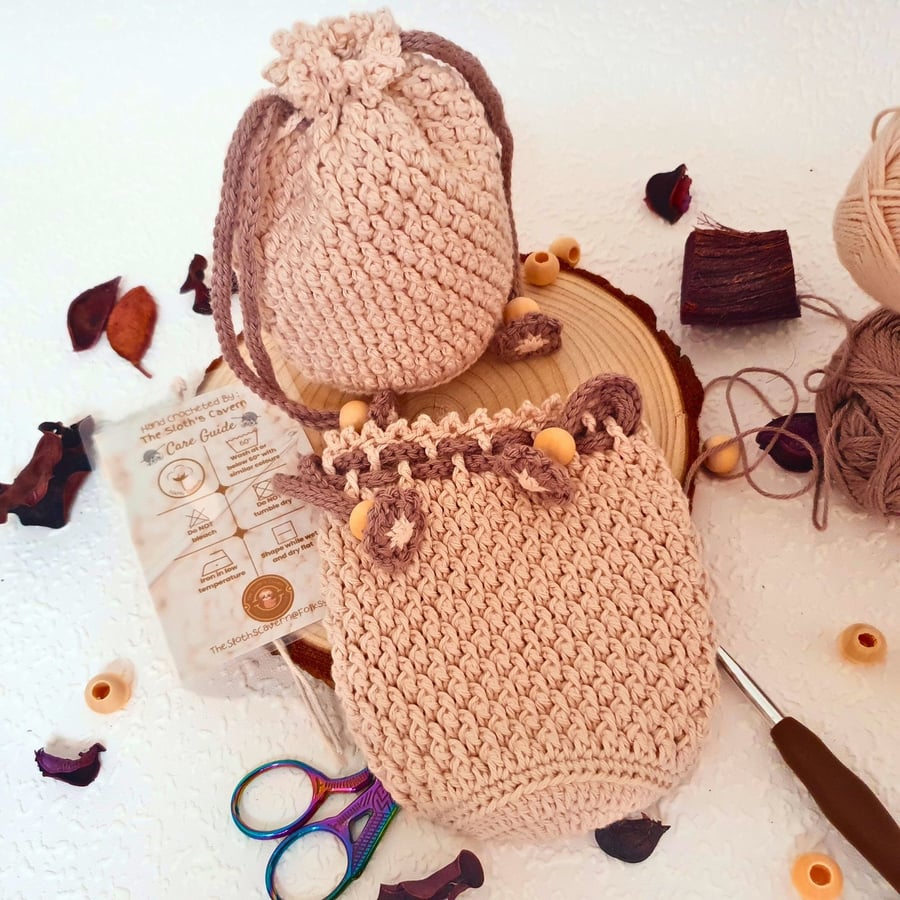 Crochet Drawstring Pouch - Favour Bag, Table Favour, Beige-Cream & Brown String