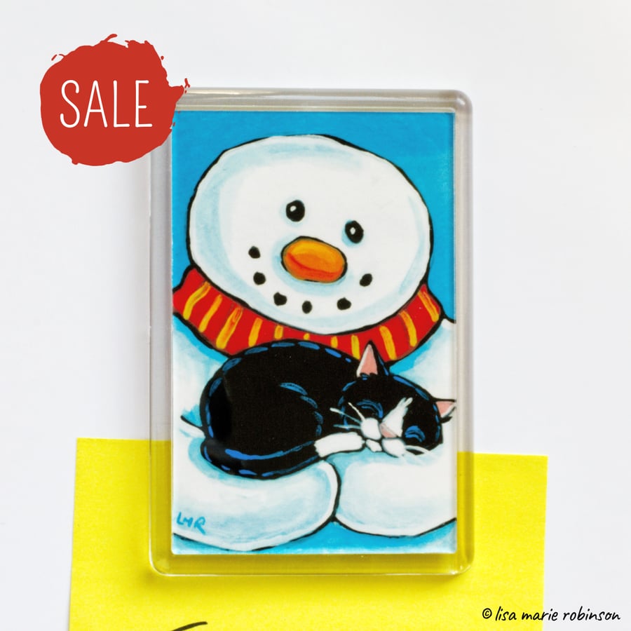 SALE - Sleeping Cat & Snowman Fridge Magnet 3 x 2 inch