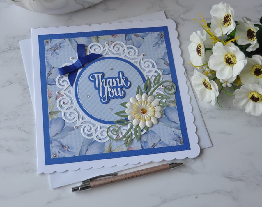 Thank You White Daisy Flower Blue 3D Luxury Handmade Card