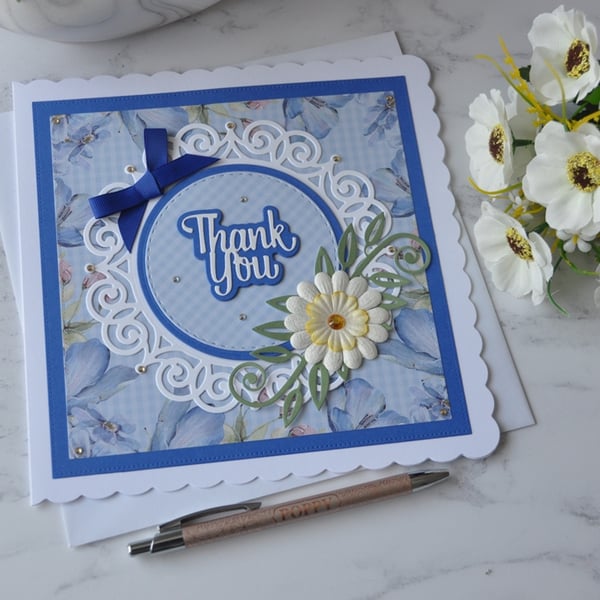 Thank You White Daisy Flower Blue 3D Luxury Handmade Card
