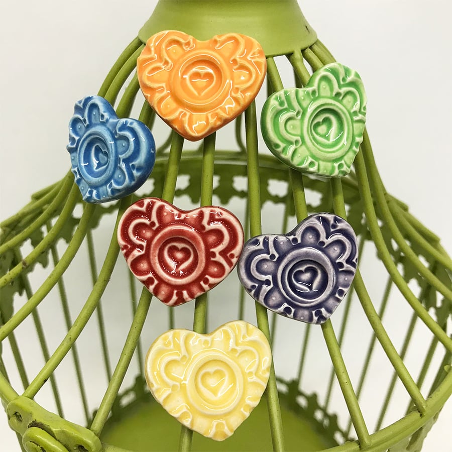 Set of six bright ceramic heart magnets pottery fridge magnet 