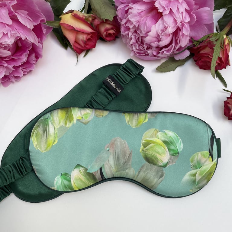 100% Mulberry Silk Ultra Soft Eye Mask - The Light Green Flowers