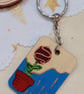 Wooden rectangular purple flower Keyring  - Image 2