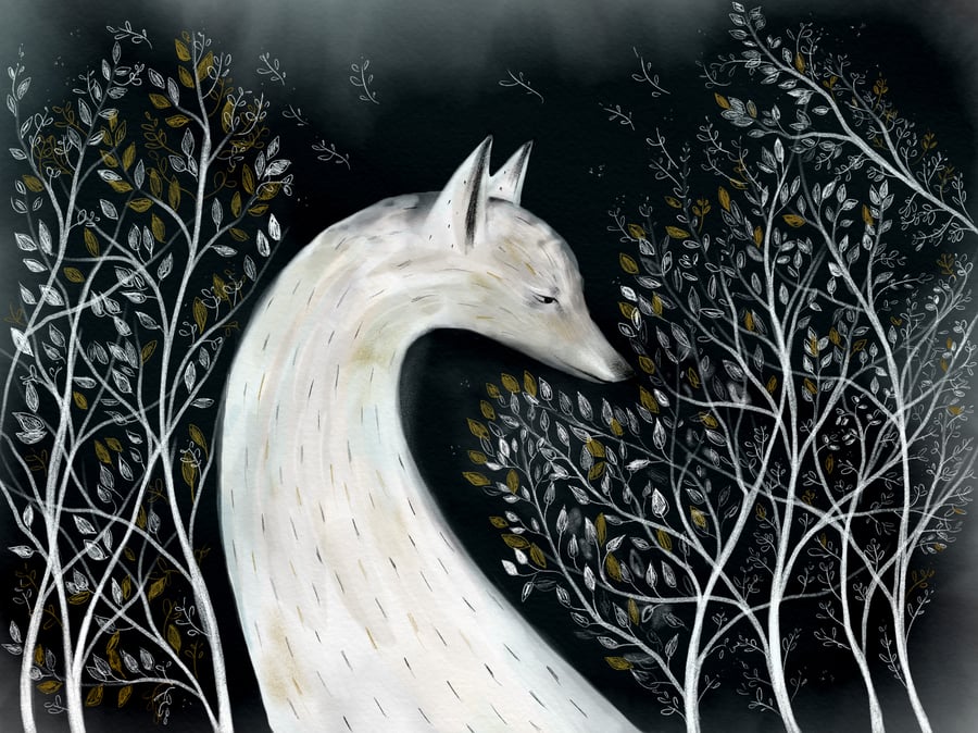 White Fox and Leaves