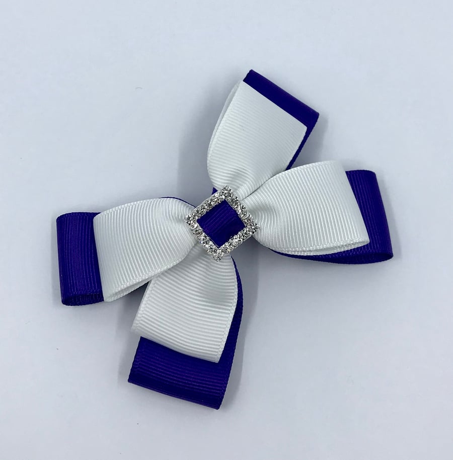 Purple and White Double Layer Bow on Clip