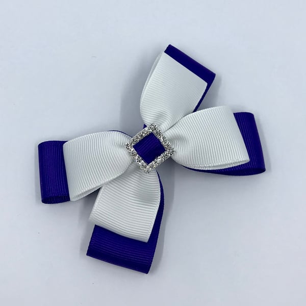 Purple and White Double Layer Bow on Clip