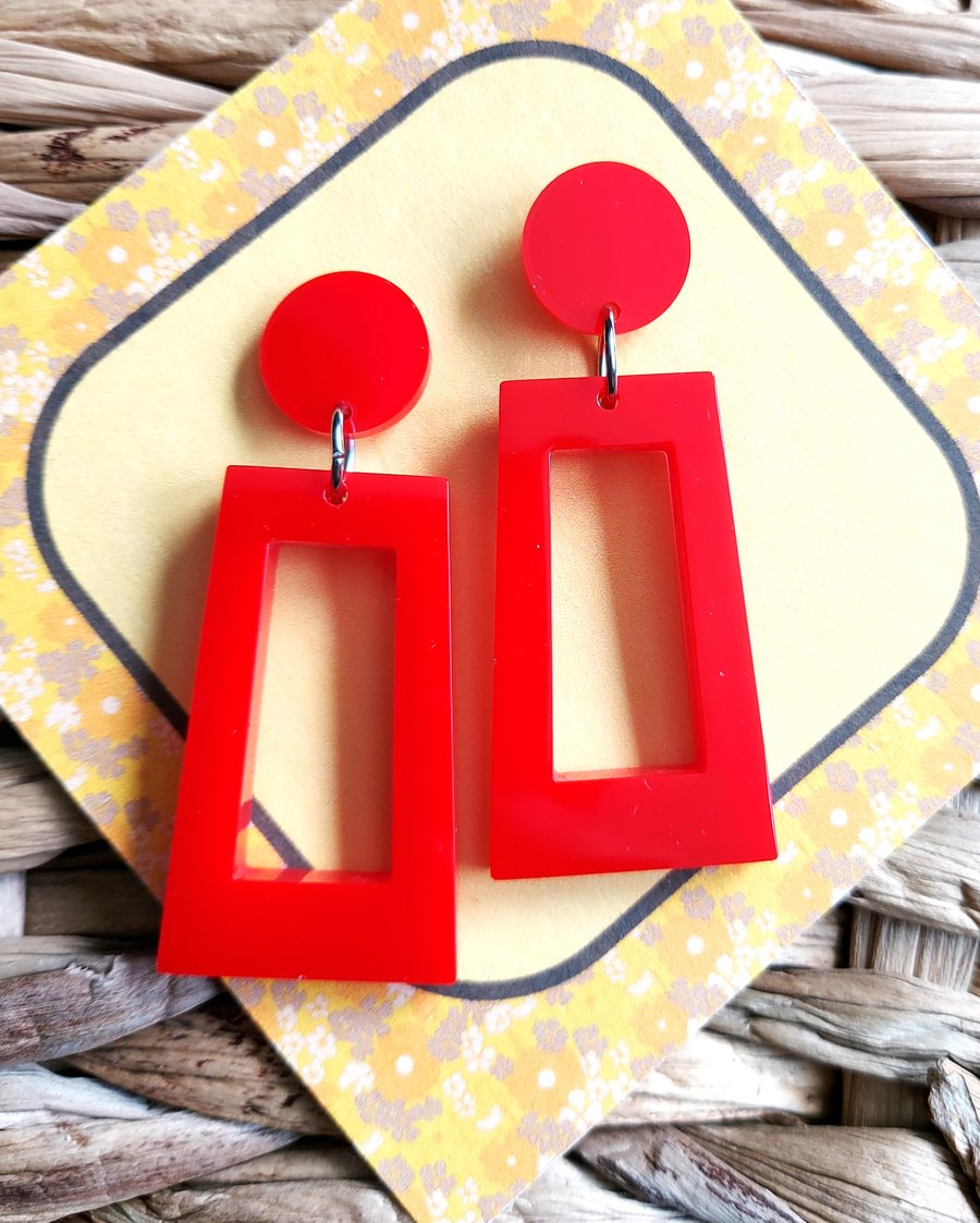60s Inspired Red Geometric Drop Earrings, Handmade Resin Jewellery