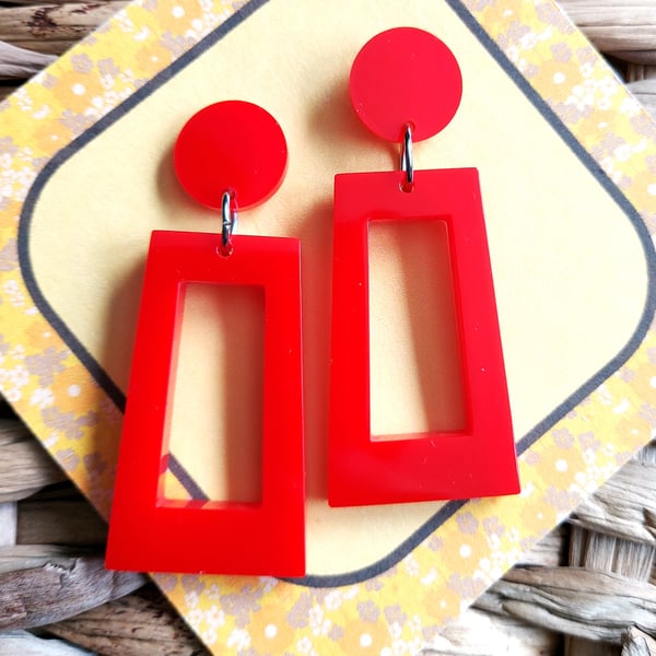 60s Inspired Red Geometric Drop Earrings, Handmade Resin Jewellery