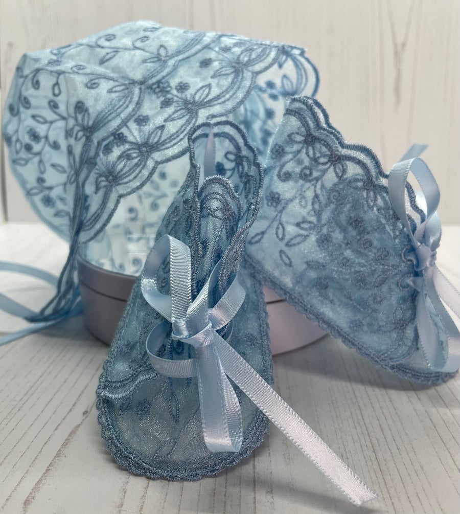 Blue organza  new born bonnet and bootees PB14