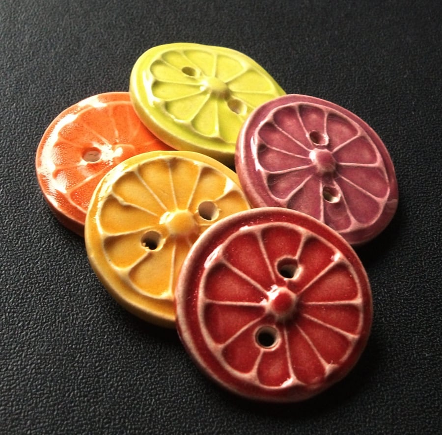 SALE set of five citrus slice ceramic buttons