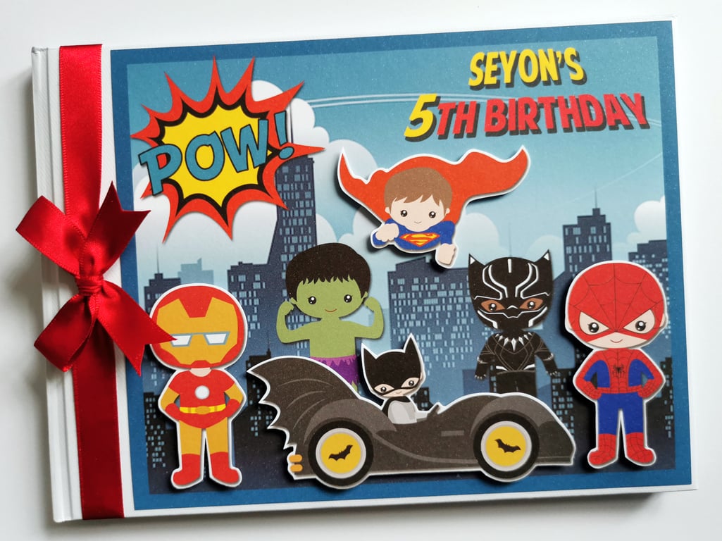 Superheros birthday guest book, batman, captain america, superman gift