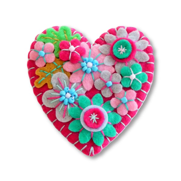 Japanese Art Inspired Heart Shape Felt Brooch