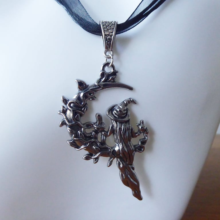 Black Ribbon & Cord Adjustable Necklace with Witch & Vine Covered Moon Pendant