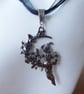 Black Ribbon & Cord Adjustable Necklace with Witch & Vine Covered Moon Pendant