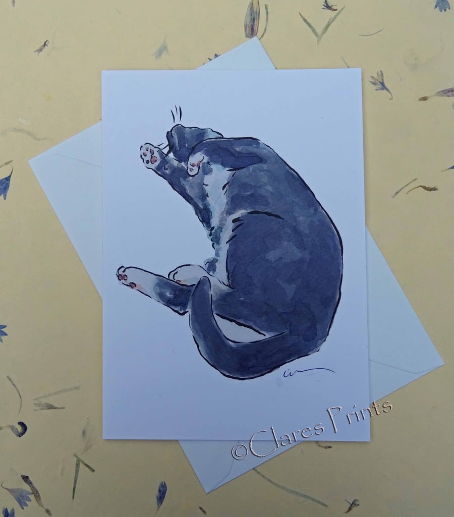 Tickle Me! Cat Blank Greeting Card From my Original Watercolour Painting