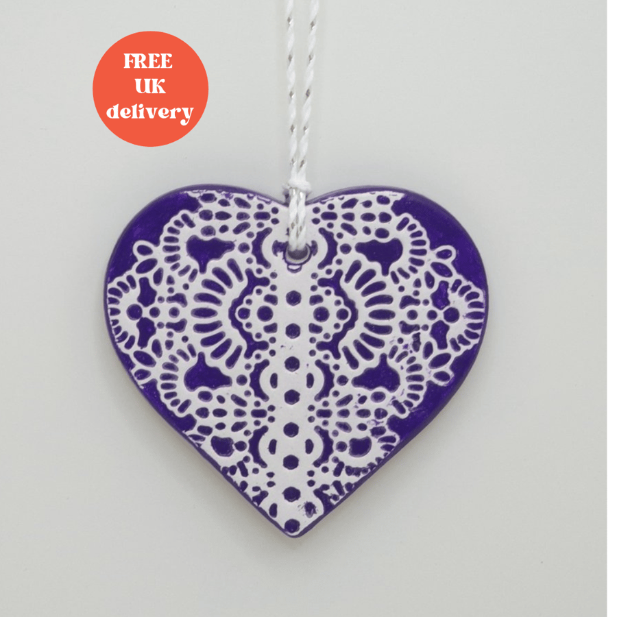 Clay heart hanging decoration, pretty love heart anniversary gift for her