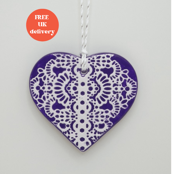 Clay heart hanging decoration, pretty love heart anniversary gift for her