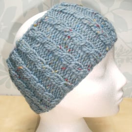 Hand Knitted Cable Merino Headband in Powder Blue M