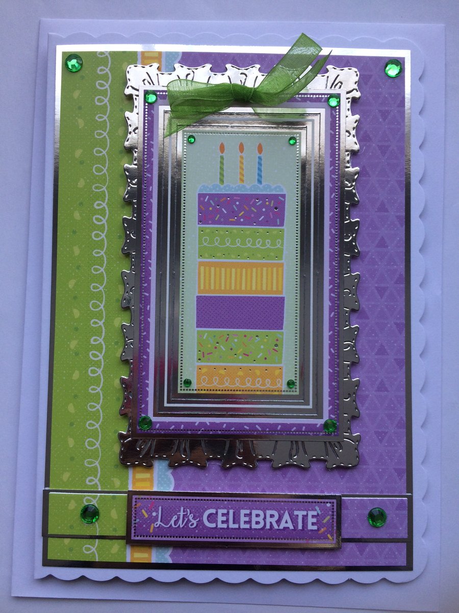 Birthday Card Let's Celebrate Birthday Tier Layer Cake Candles 3D Luxury