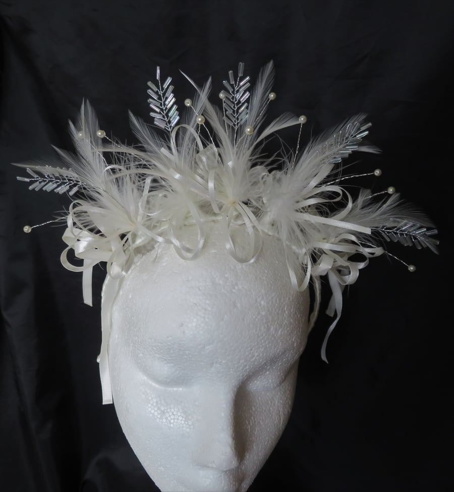 Ivory Feather and Ribbon Bow Bridgerton Inspired Crown Tiara Bridal Head Band 