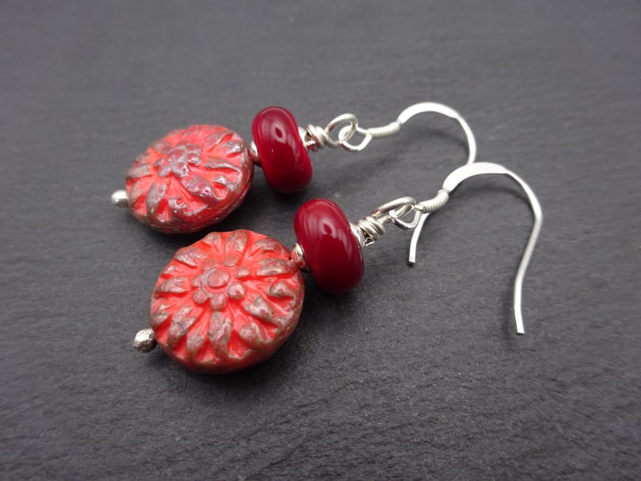red dahlia lampwork glass earrings